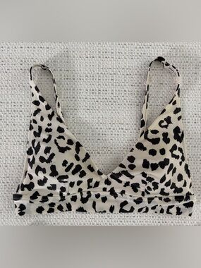 aerie Black and Cream Leopard-Print Bikini Top, Size Small